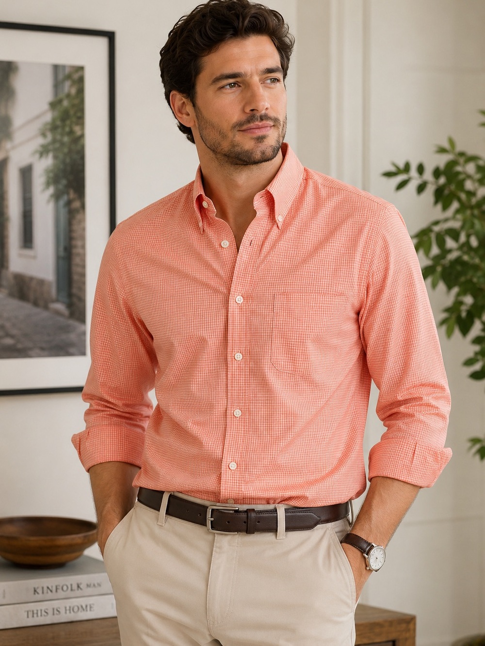 Paul Fredrick Men’s 16-33 Coral Check Cotton Broadcloth Dress Shirt